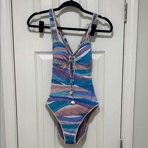 BECCA Multicolor Stripe One-Piece Swimsuit — Blue, Purple, Pink